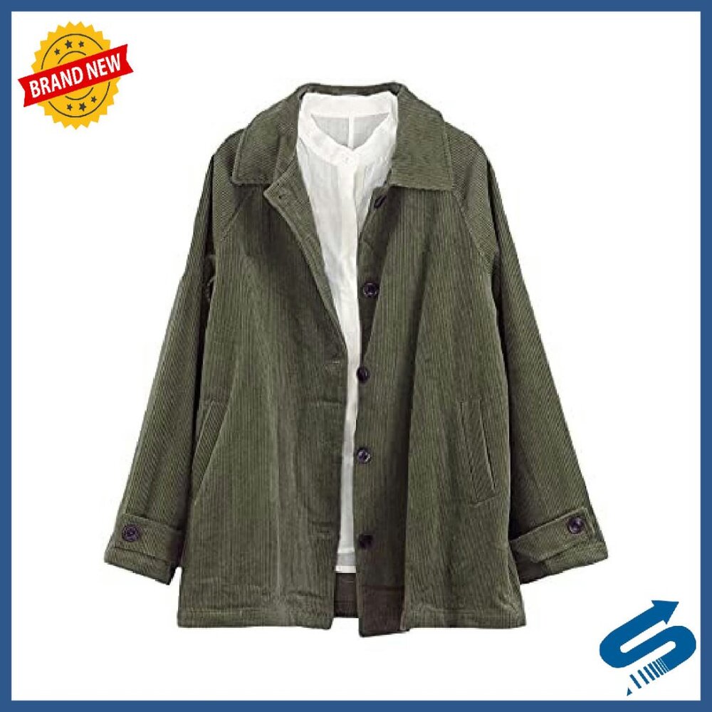 Corduroy Button-Down Jacket with Pockets, Loose F… - image 1